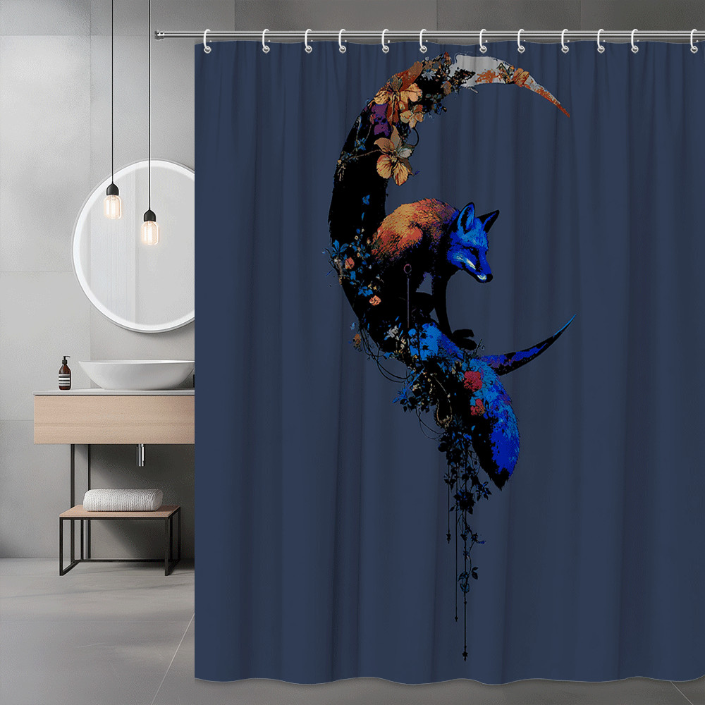 Fox Moon Floral Shower Curtain Blue Black Wall Art