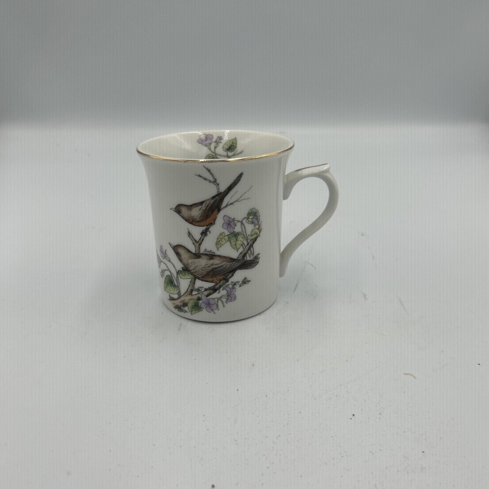 Vintage Porcelain Bird Floral Coffee Tea Mug Gold Trim Collectible Cup Used