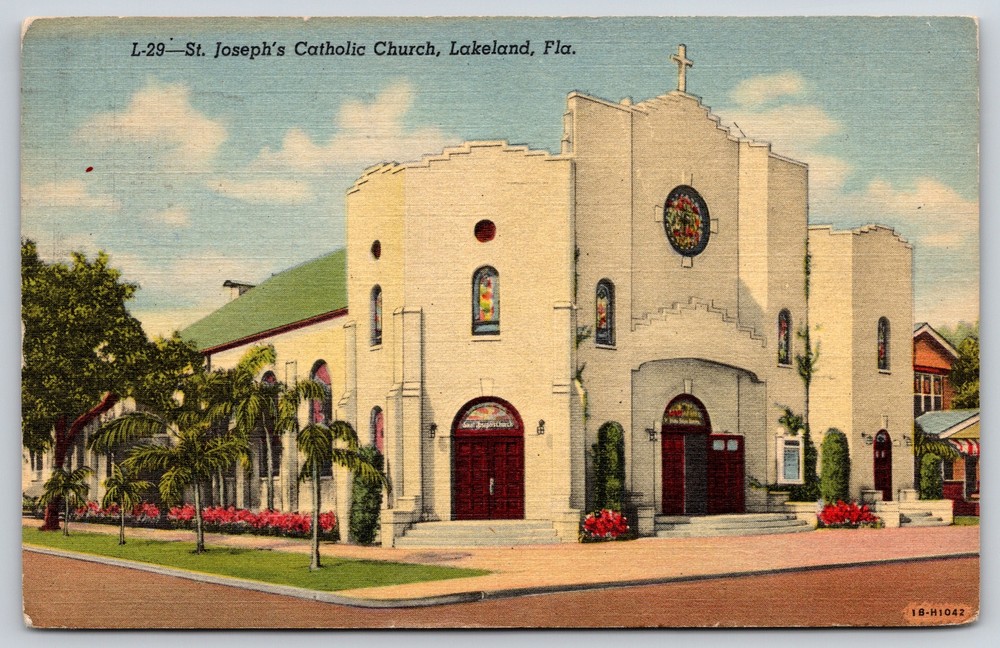 Lakeland Florida~St Josephs Catholic Church Street View~PM 1960~Vintage Linen PC