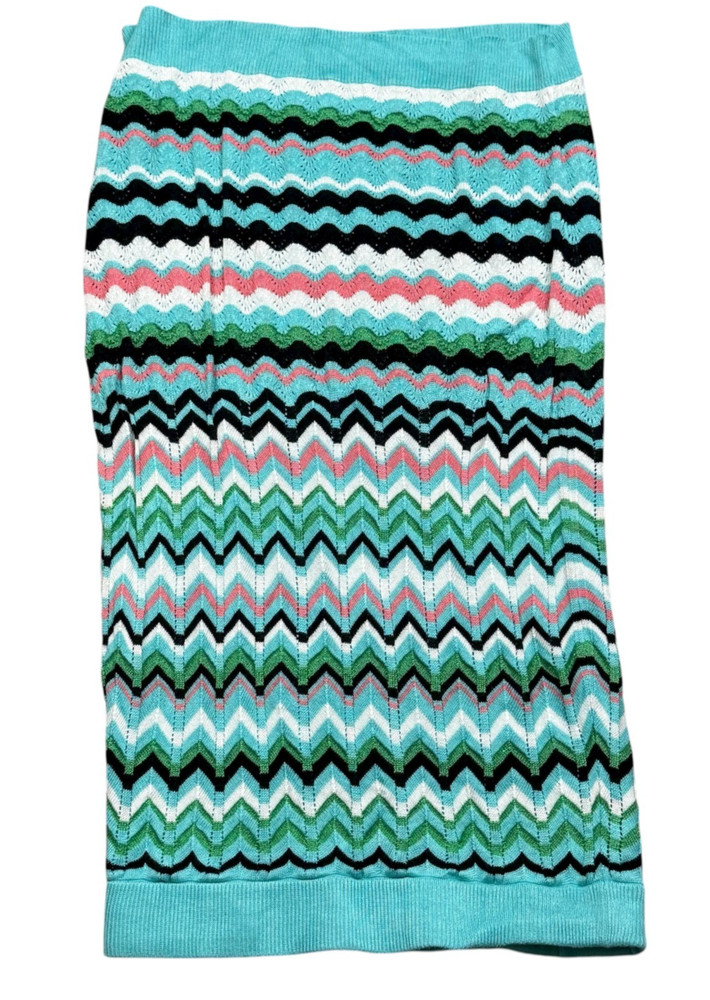 New York Company 7th Avenue Chevron Knit Midi Skirt Small Blue Boho Chic Stretch