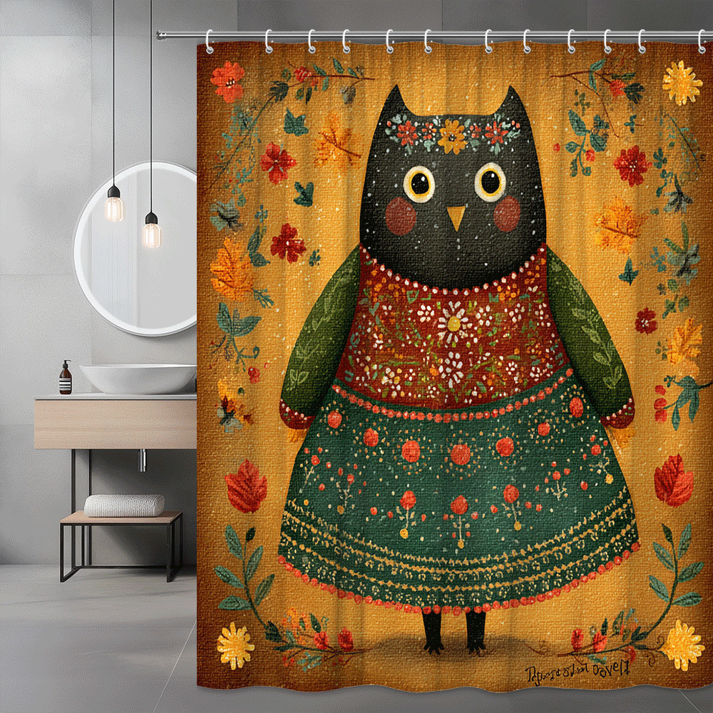 Owl Floral Shower Curtain Autumn Folk Art Graphic
