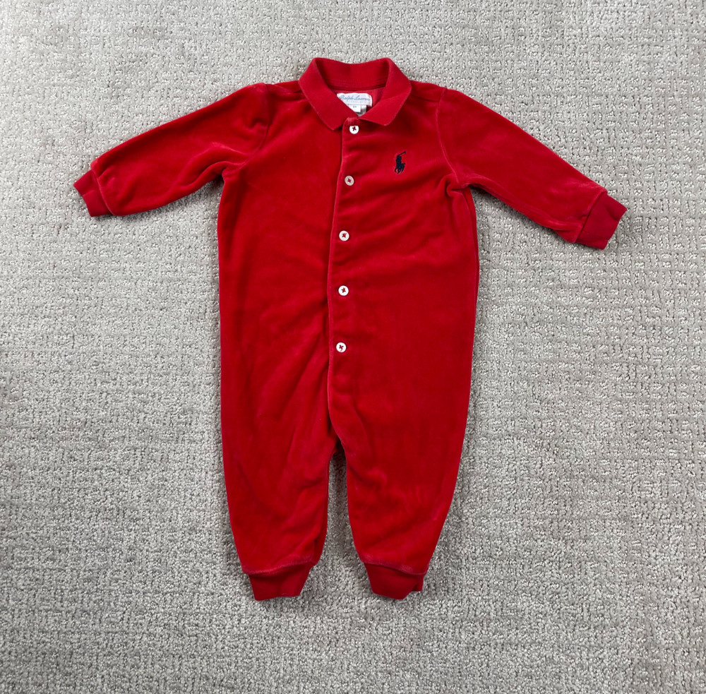 Ralph Lauren One Piece Baby Boys 6M Red Velour Coveralls Cotton Pony Preppy