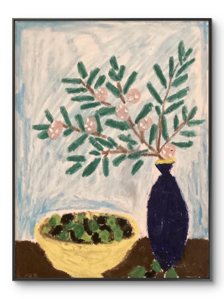 Moody Olives Vase Flowers Still Life Food Dinner Original Art 11 by 14 Canvas