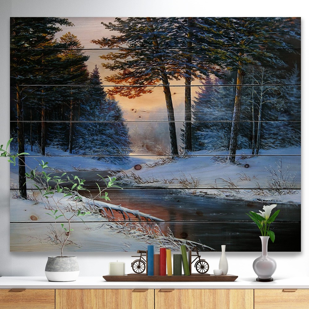 Designart 'Winter River And Forest' Nautical & Coastal Wood