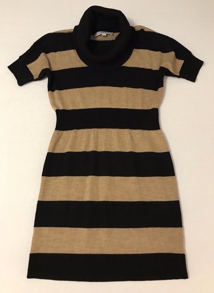 Loft Petites Merino Wool Sweater Dress Sz SP Preppy Gold Black Stripe Y2K Cowl
