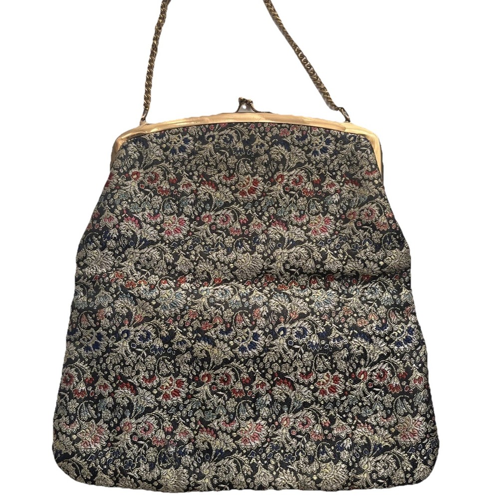 Vintage 1950s Floral Tapestry Frame Bag Clutch Handbag Black