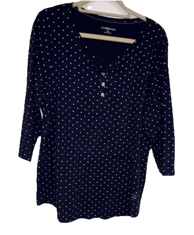 Croft & Barrow New Women’s Sz 1X Navy Polka Dot Cotton 3/4 Sleeve V-Neck Blouse