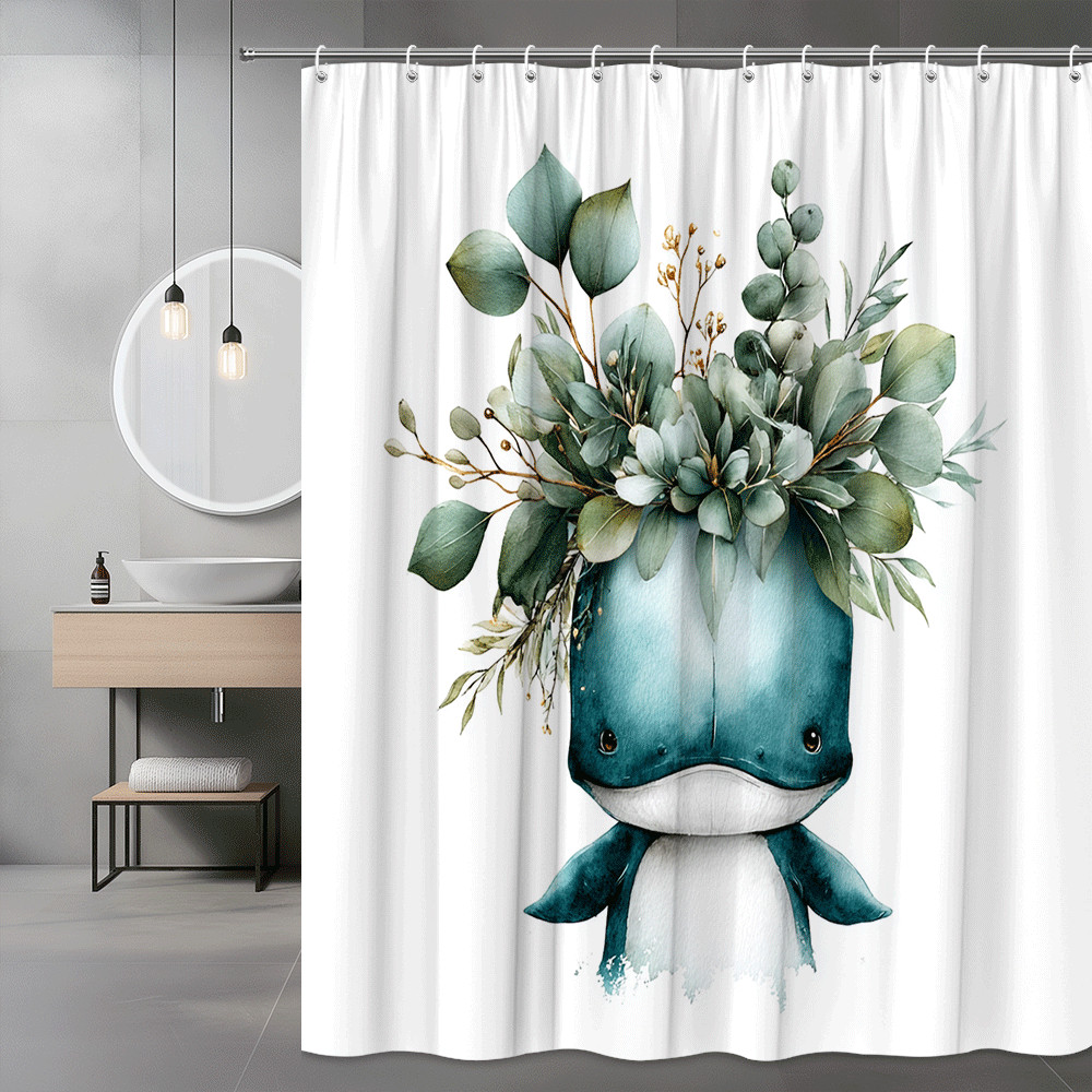 Whale Shower Curtain Watercolor Eucalyptus Baby Animal Print