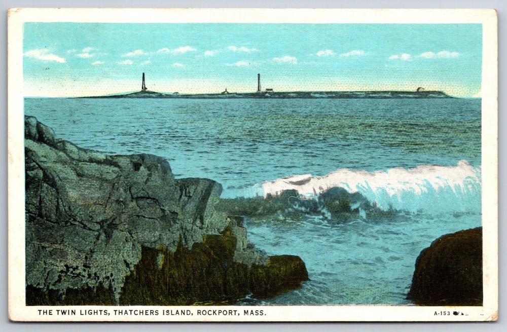 Rockport Massachusetts~Air View Twin Lights Thatchers Island~Vintage Postcard