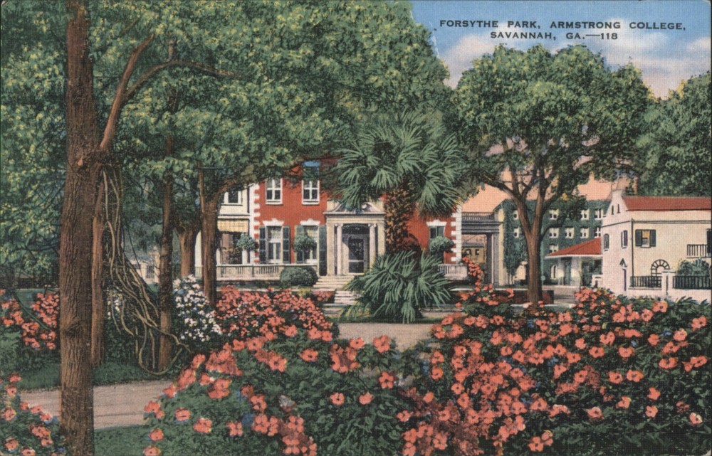 Savannah, Georgia GA Forsythe Park, Armstrong College Original Vintage Postcard
