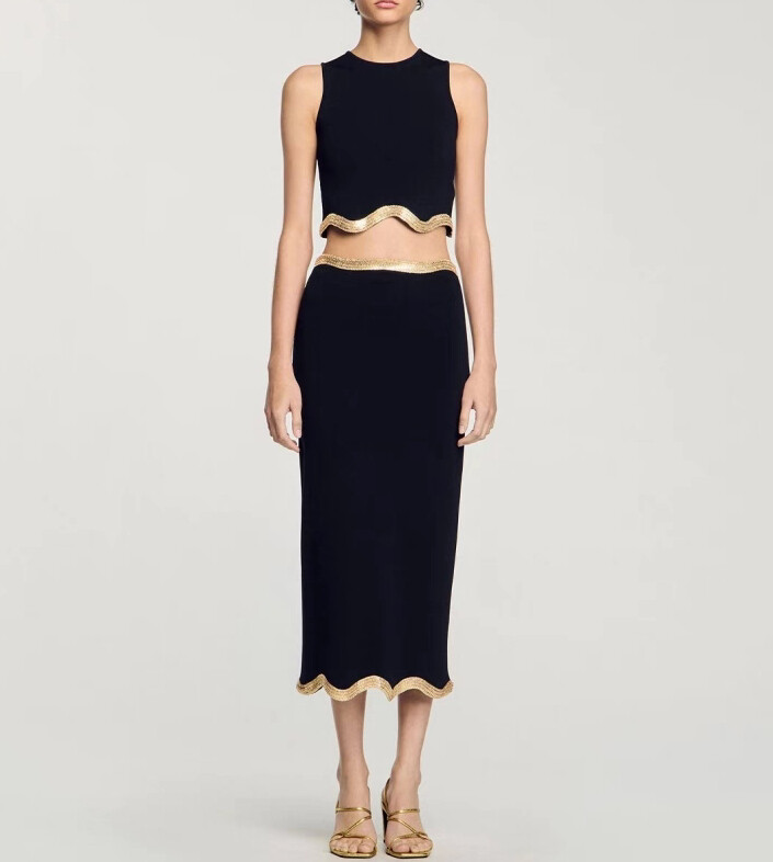 Women Sandro Round Neck Embellished Tank Top / Slit Midi Skirt