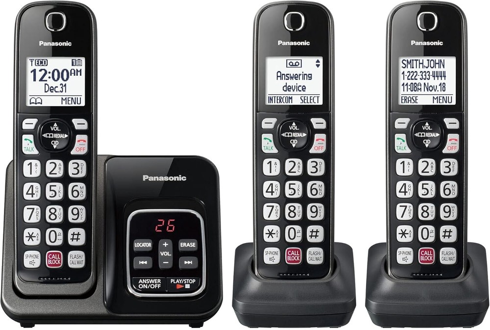 Cordless Phone System Answering Machine Call Block 3 Handsets Black