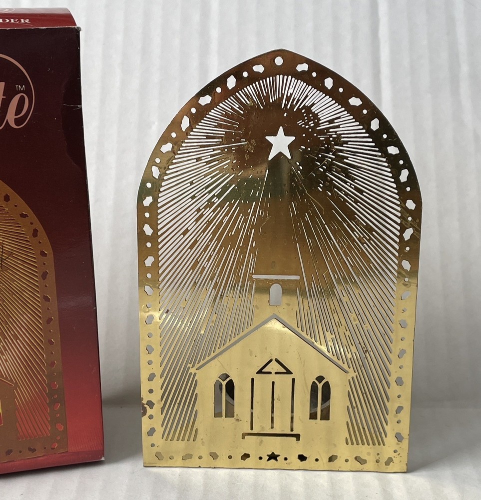 Yuletide Solid Brass Church Tea Light Votive Candle Holder Christmas Decor W/box