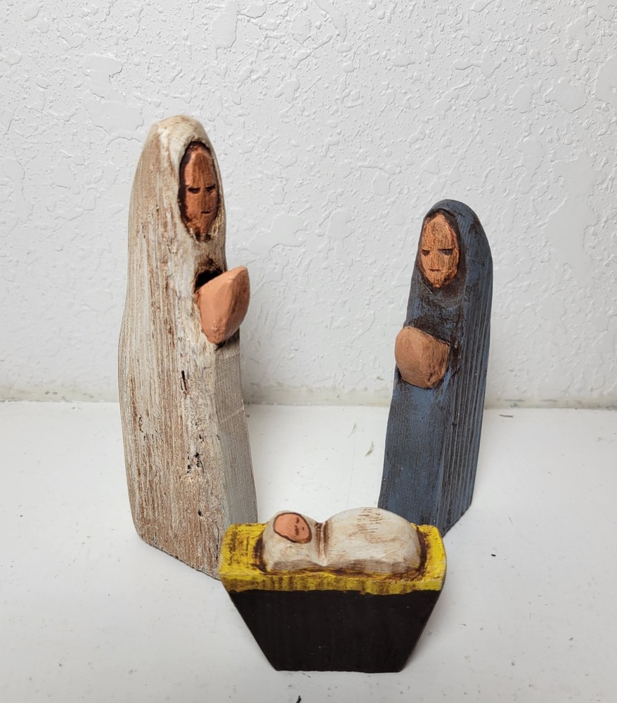 Wood Hand Painted Nativity Set Mary Joseph Baby Jesus 3pc Small 4in