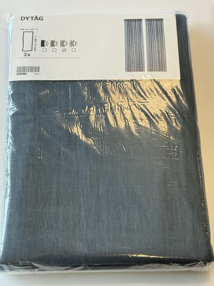 IKEA DYTAG Blue Linen Curtains 2 Panels, 704.667.12, 57