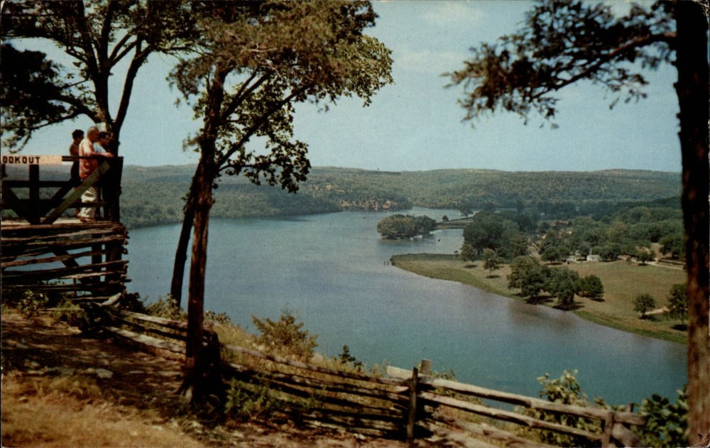 Powersite Museum Lake Taneycomo Missouri Ozarks aerial view ~ 1950-60s postcard