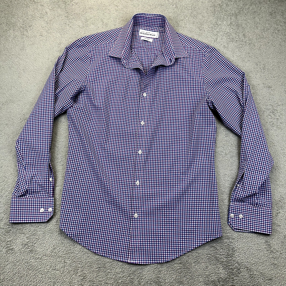 Mizzen + Main Leeward Button Up Dress Shirt Men's L Large Trim Fit Blue Plaid