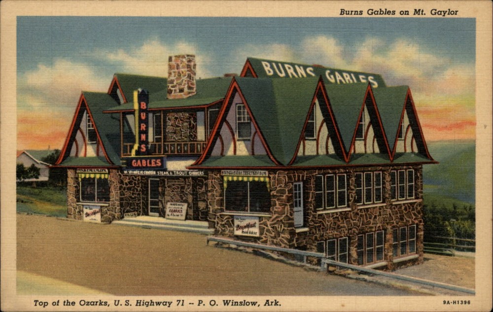 Winslow Arkansas Burns Gables restaurant in Ozarks Hwy 71 vintage linen postcard
