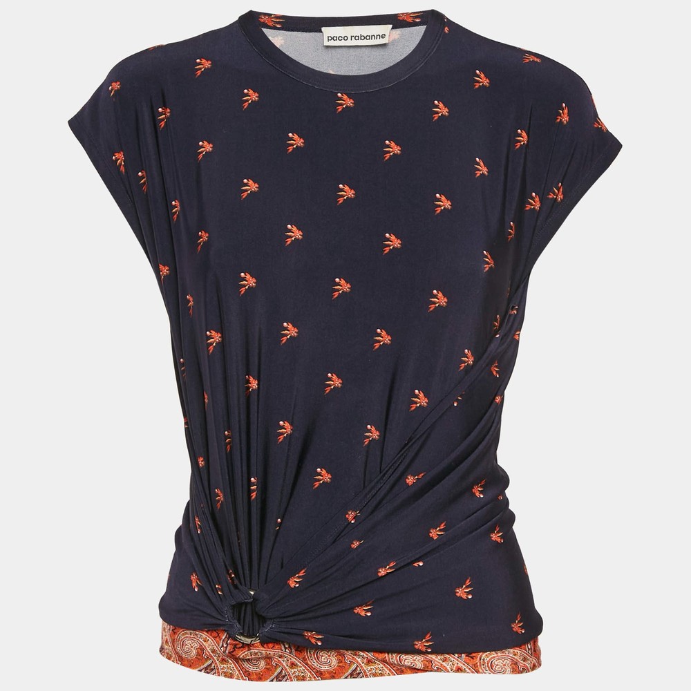 Paco Rabanne Navy Blue Printed Jersey Knot Detail Top S