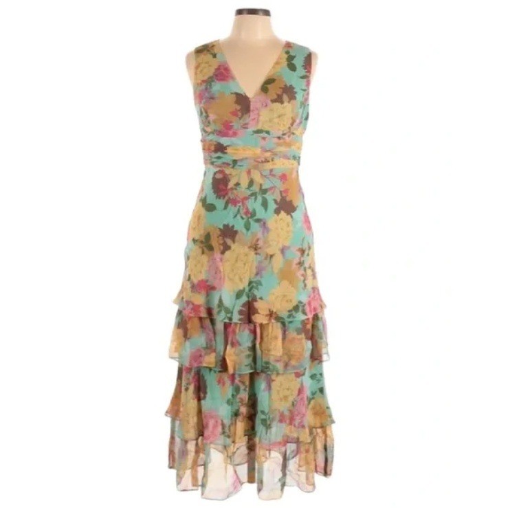 Adrianna Papell Floral Silk Tiered Ruffle Midi Dress Women Size 12 Vintage