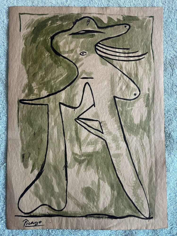 PICASSO drawing and painting on old paper signed stamped vintage