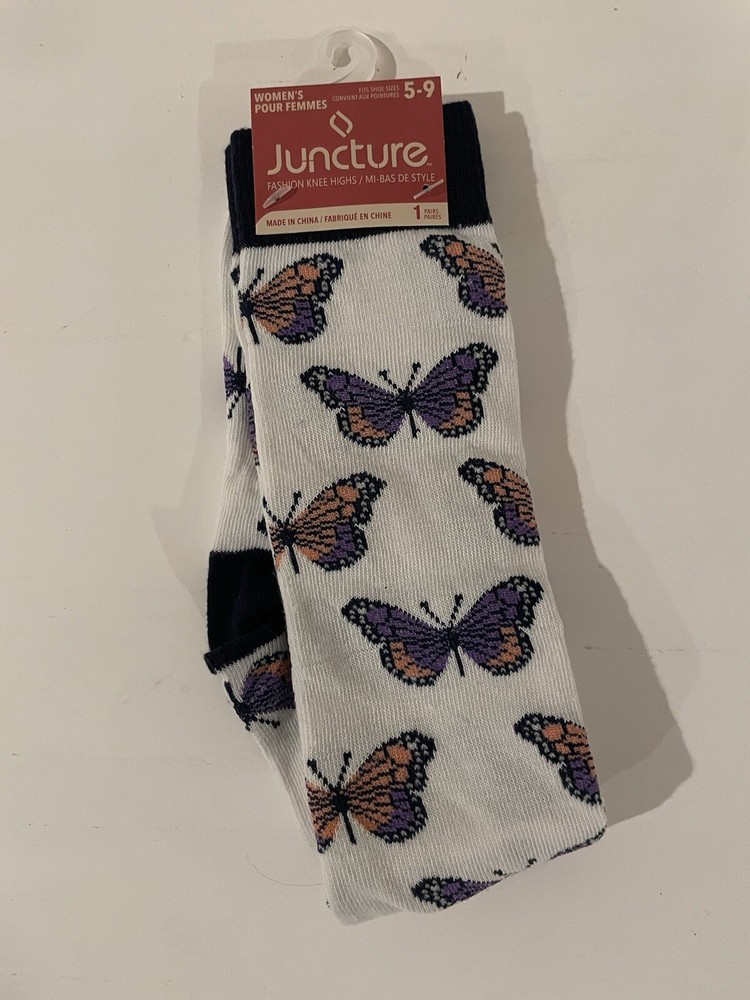Knee High Butterfly Socks Women's Size 5-9 Juncture White Purple