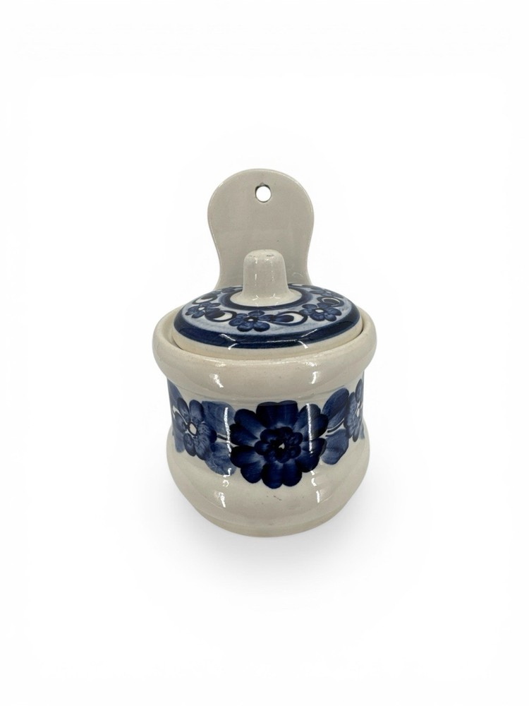 VTG Wloclawek Fajans Hand Painted Wall Hang Jar Blue Folk Art Polish Pottery