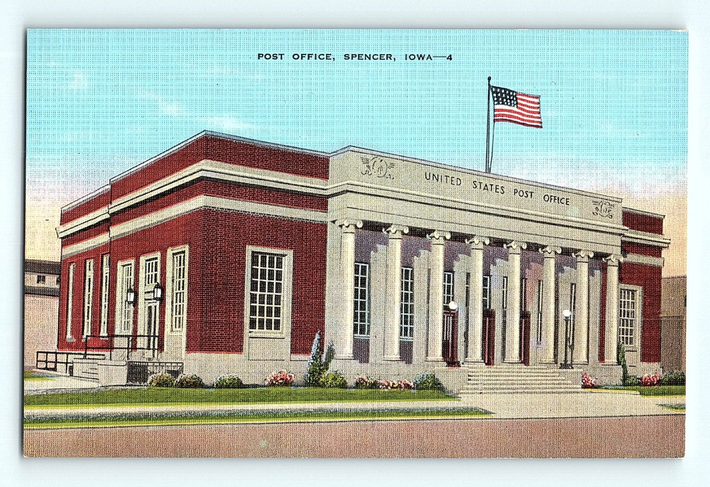 Post Office Spencer Iowa Public Building Street View Vintage Postcard G3