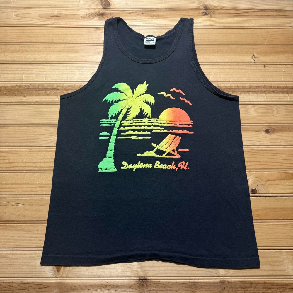Vintage 90s Daytona Beach Florida Neon Sunset Tropical Surf Tank Top USA - Large