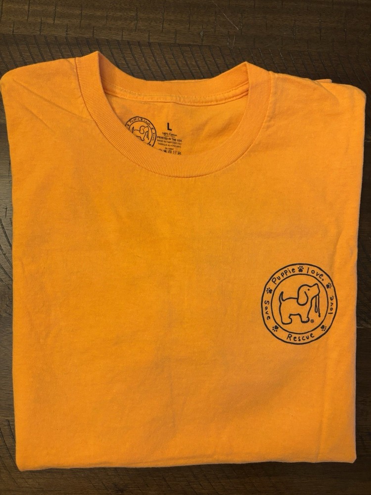 Puppie Love High Tides Good Vibes Graphic Logo Tee Orange Crew Neck Cotton L