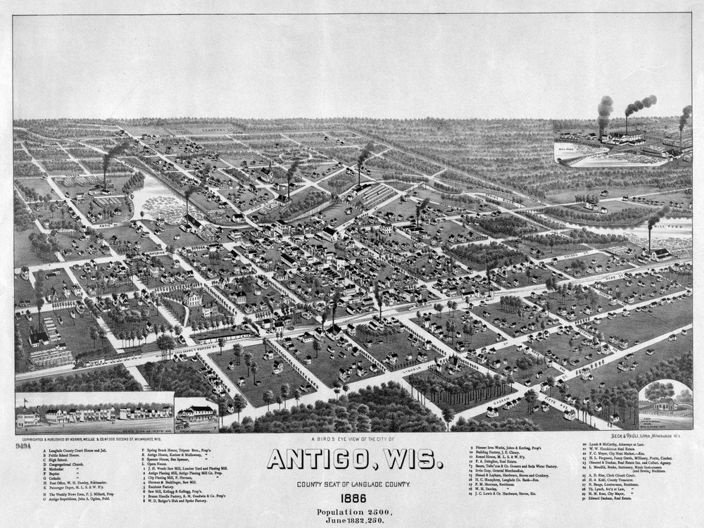 Antigo, Wisconsin 1886 birds eye view Decor Poster.Fine Graphic Art Design. 2979