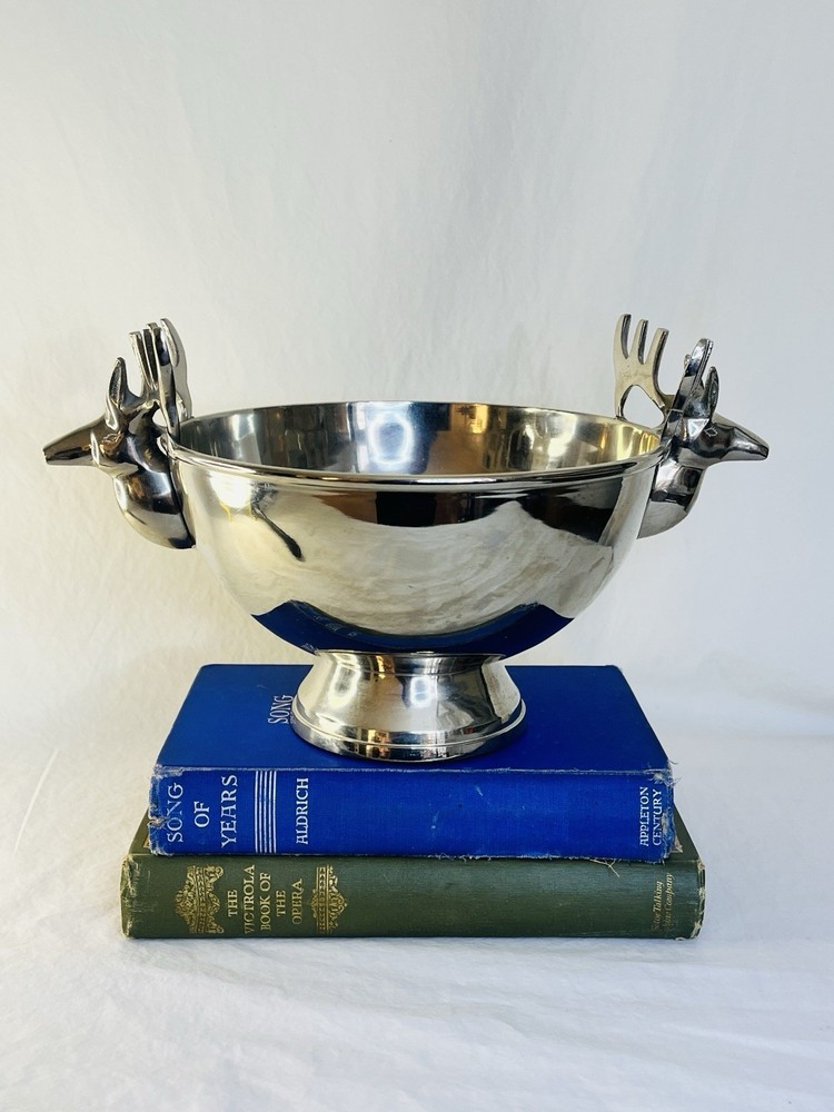 Vintage Silver Stag Deer Basket or Decorative Bowl Rustic Winter Decor