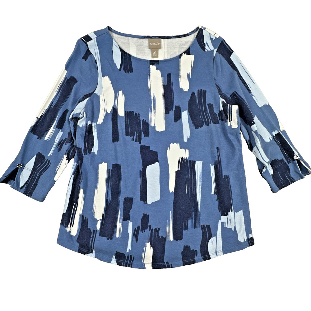 Chico's Womens Top Size 2 US 12 Blue Abstract Print 3/4 Sleeve Blouse Shirt