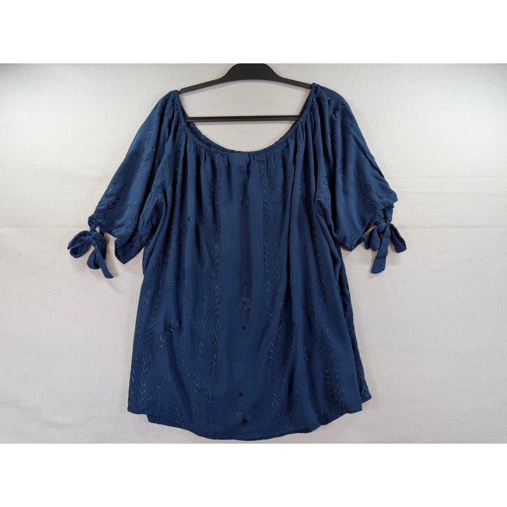 Torrid Womens Navy Blue Embroidered Off Shoulder Tie Sleeve Boho Blouse Size 2