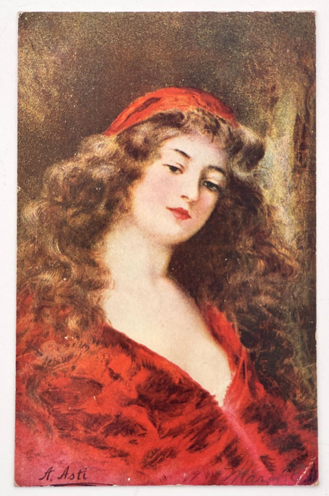 Postcard Beatrice  A. Asti Woman In Red Blouse & Hat Art Painting Portrait