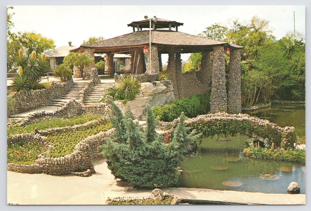San Antonio Texas~Brackenridge Park~Sunken Gardens~Pagoda~Continental Postcard