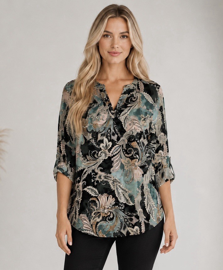 Womens Paisley V Neck Top Size 1X Lightweight Dark Romantic Boho Summer Chic
