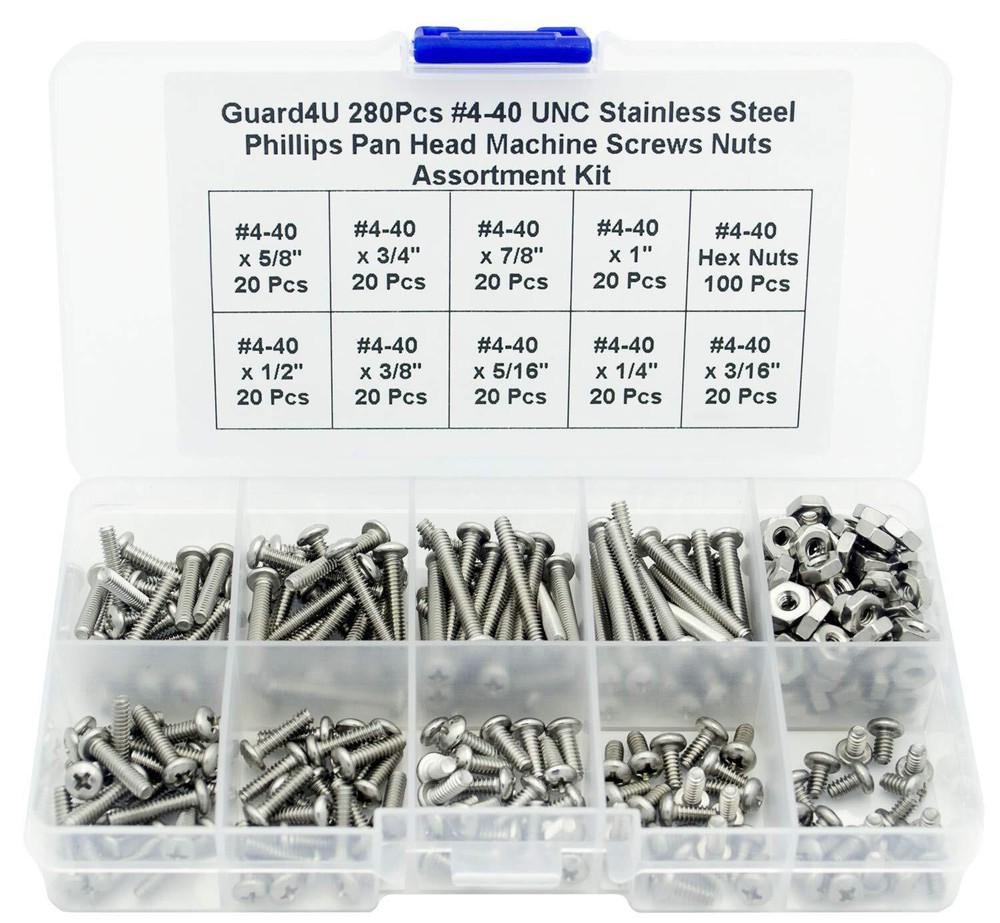 280Pcs #4-40 UNC Stainless Steel Phillips Pan Head Machine Screws Nuts Kit- 1/4