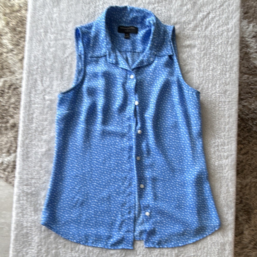 Banana Republic Blue White Leaf Print Collared Sleeveless Button Blouse XS