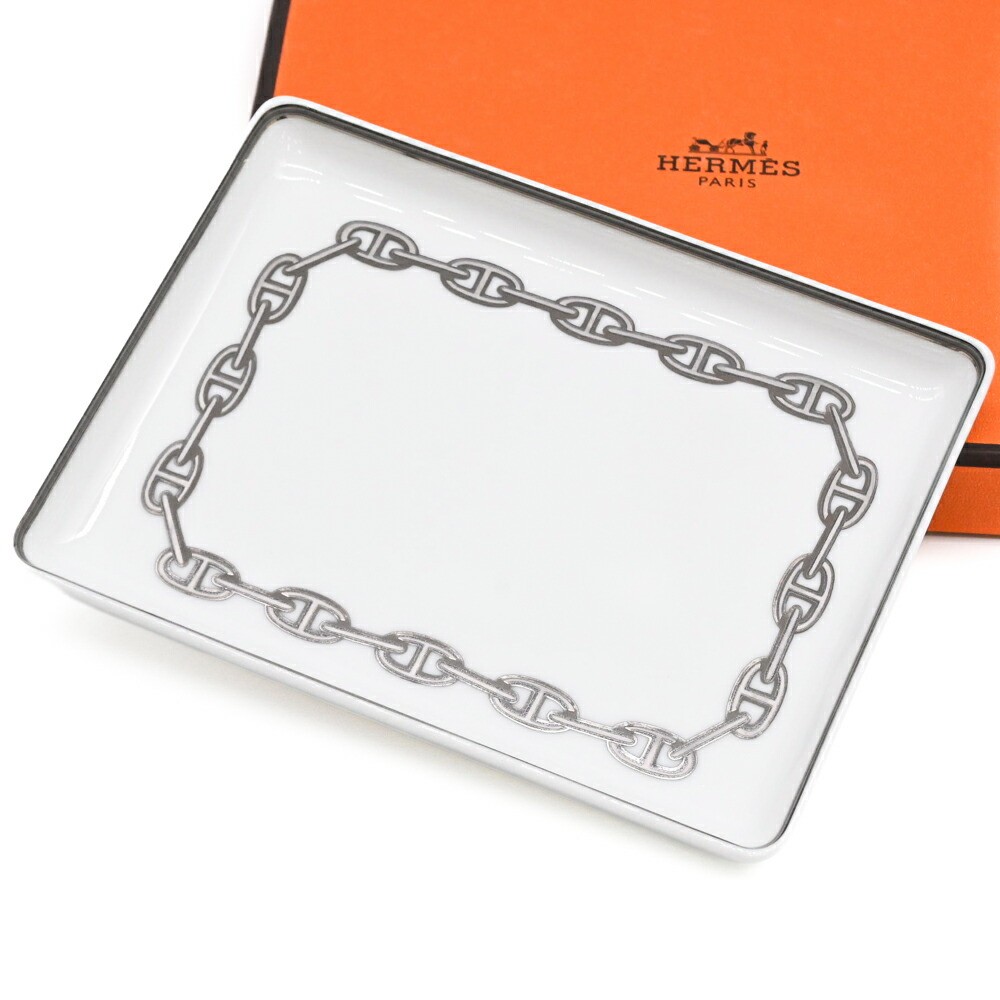 Hermes Platinum Chain D’ancre Plate Tray Tableware Porcelain With Box Used