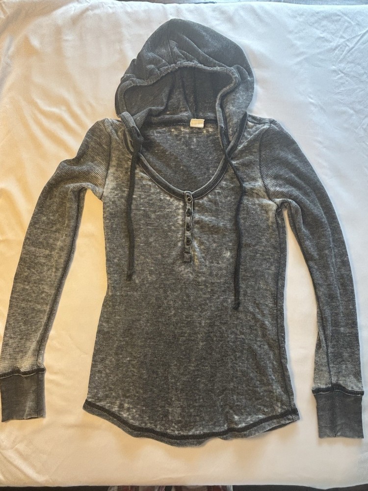 Gray Roxy  Knit Henley Hoodie for Women Long Sleeve Button Accents Casual Top