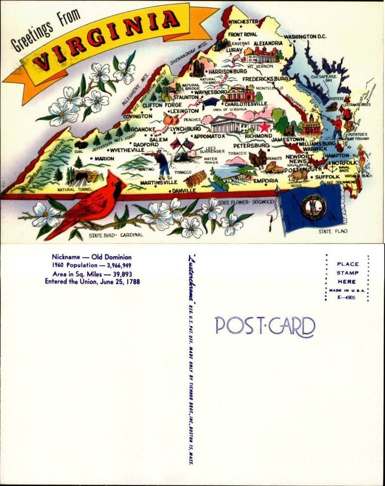Greetings from Virginia Old Dominion state flag bird Cardinal flower unused