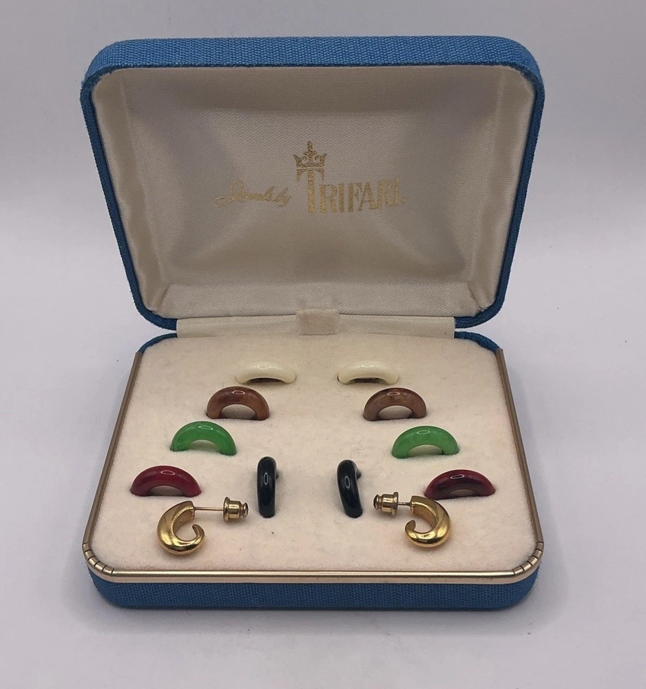 Vintage Trifari Crown Jewels Interchangeable Hoop Earrings Original Box Complete