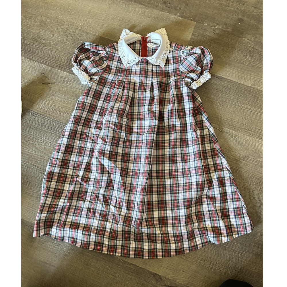 Ruth of Carolina Girls Plaid Collared A-Line Dress 6X Puff Sleeve