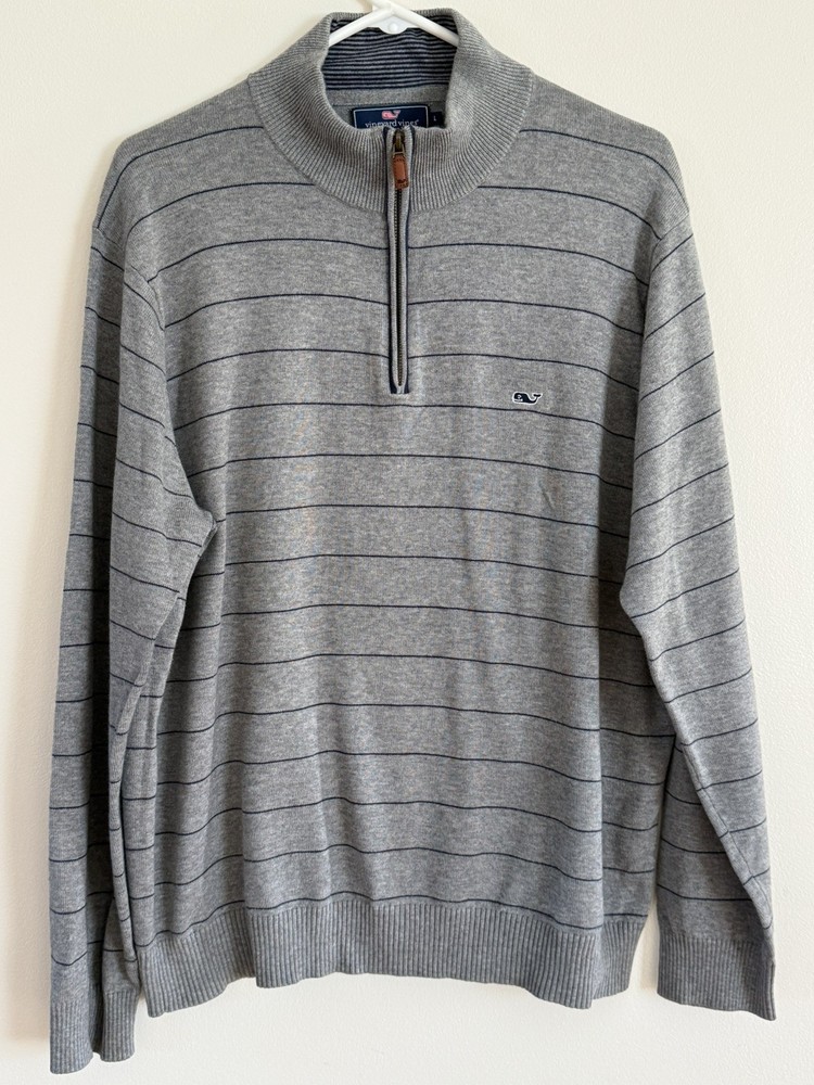 Vineyard Vines Grey Striped Cotton Quarter Zip Pullover Casual Sweater Men’s L