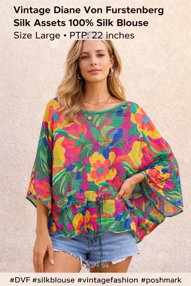 Diane Von Furstenberg Silk Assets Blouse L | 100% Silk Tropical Floral Boho