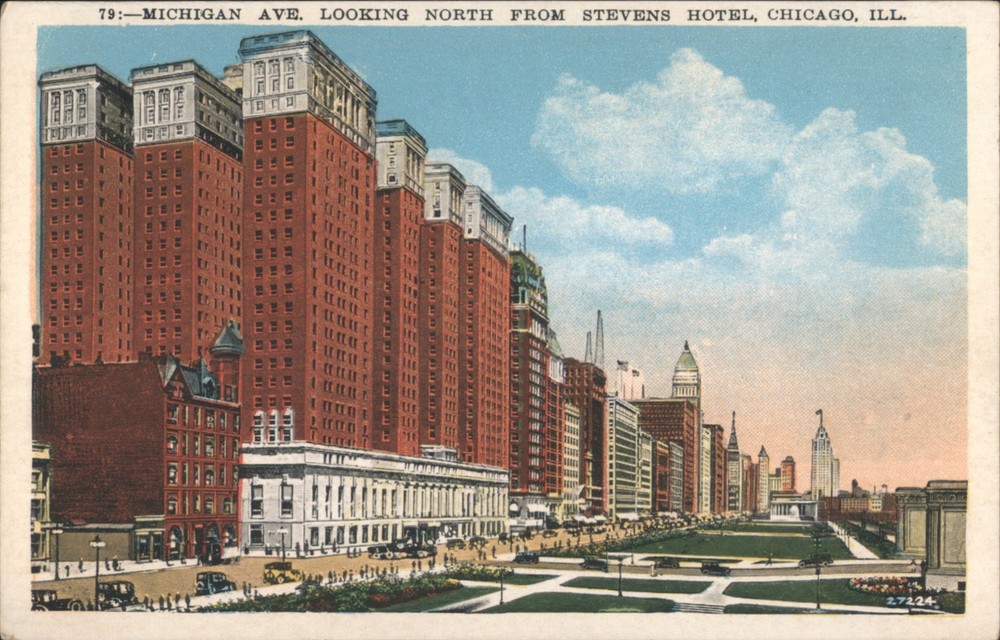 Chicago, Illinois IL Michigan Ave. Looking North from Stevens Hotel Postcard