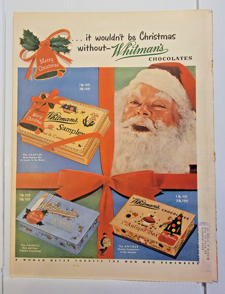 Vintage 1948 Whitman's Chocolates Santa Claus Christmas 11x14 ad