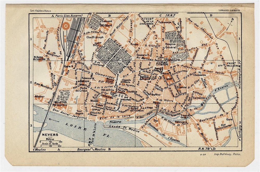 1930 Original Vintage City Map Of Nevers Burgundy / France