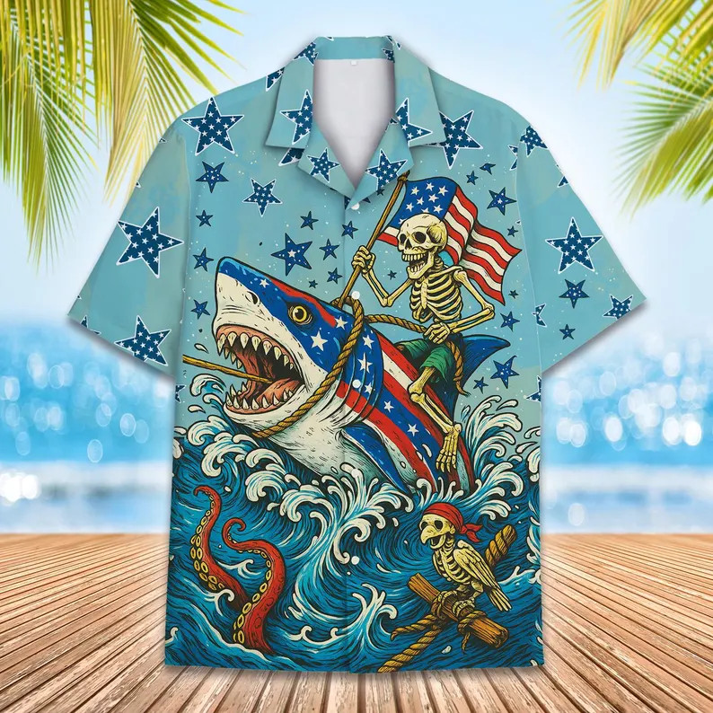 Skeleton Shark Hawaii Shirt Men Beach Vacation Aloha Summer Gift